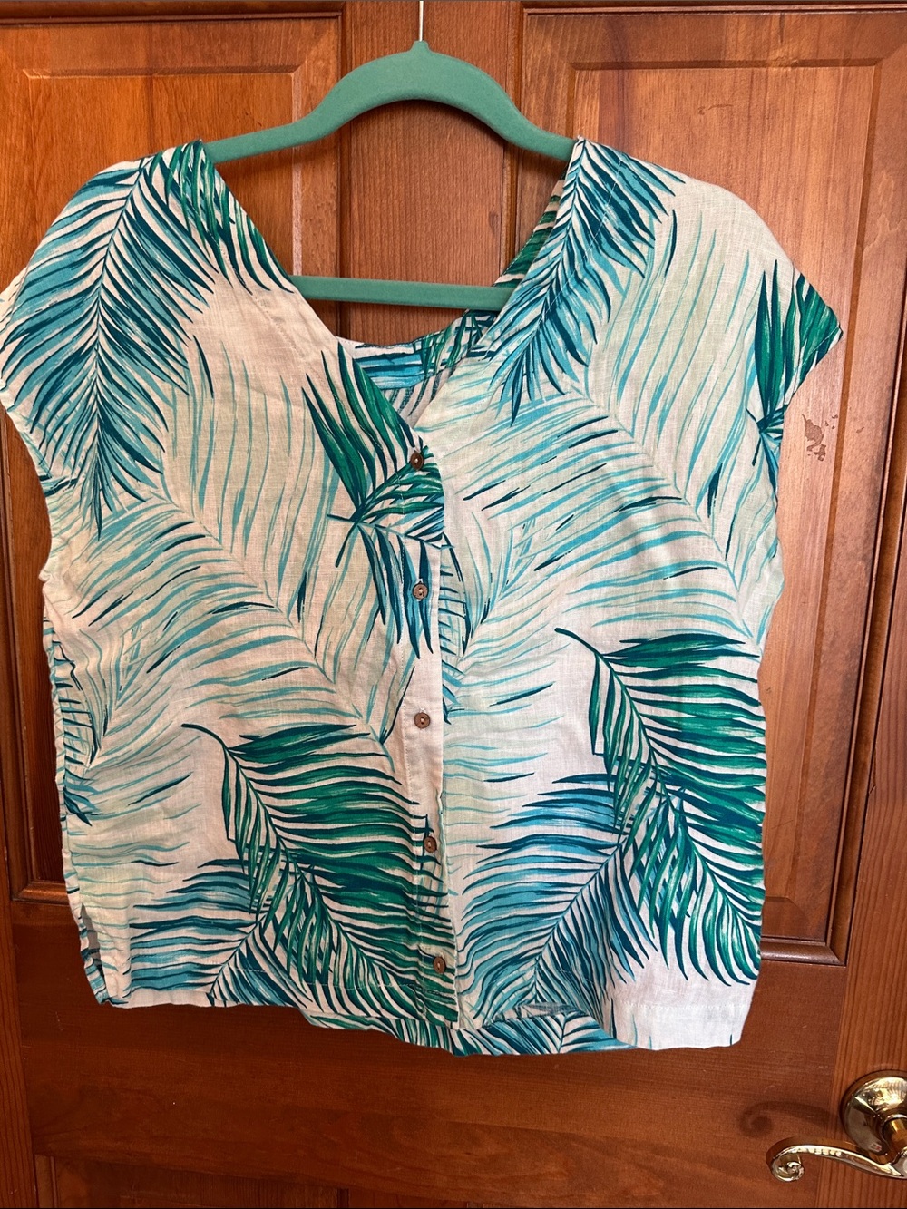 Tahari Teal and Green Palm-Print Button Down Top